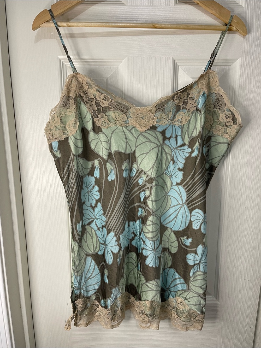 Brown Blue Hippie Floral 100% Silk Lace Trim Y2K Whimsical Camisole size Large